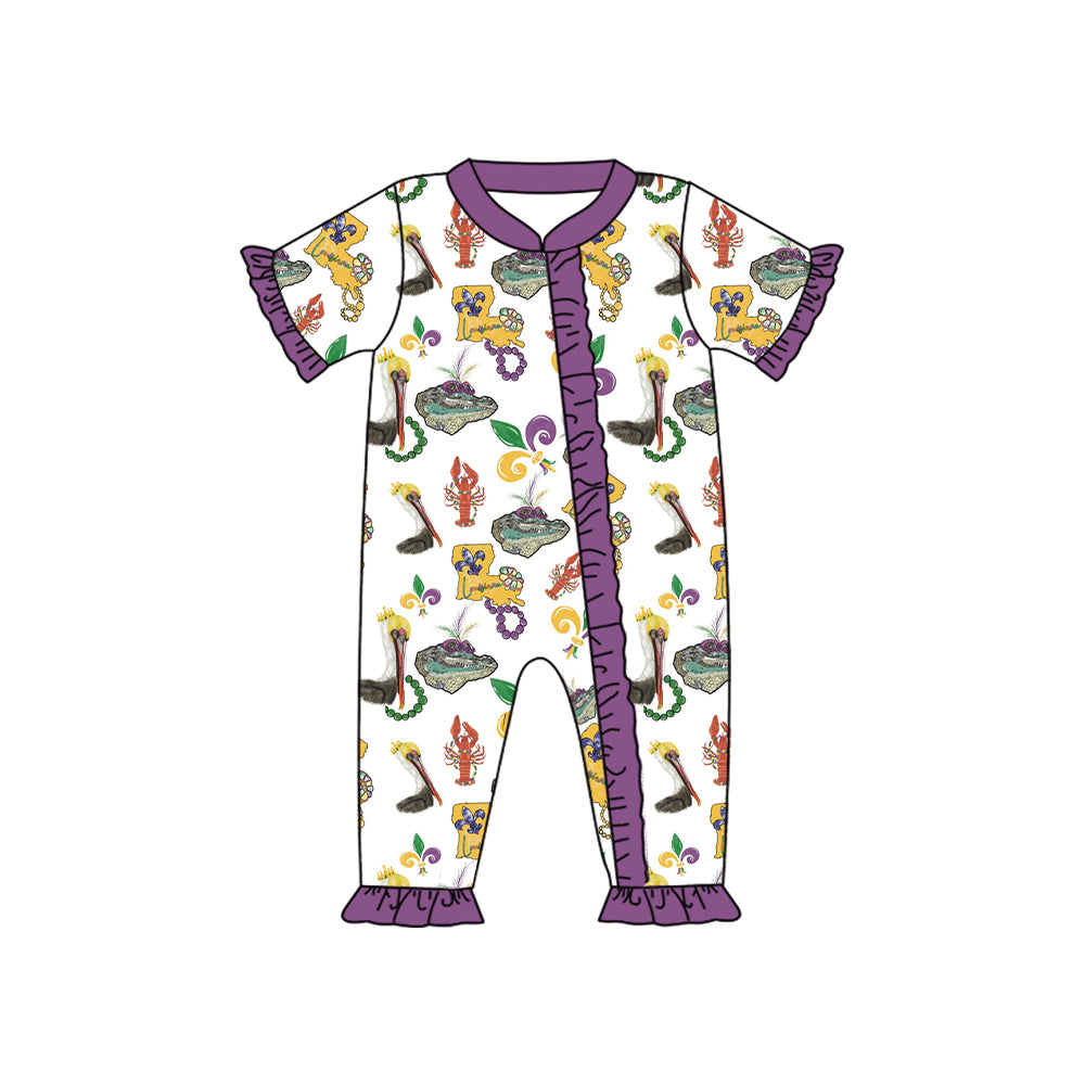 preorder SR2422 Mardi Gras Crayfish Crocodile Purple Short Sleeve Girls Romper