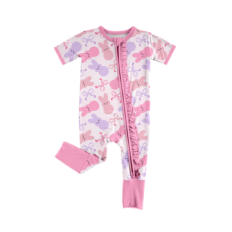 preorder SR2427 Easter Bunny Rabbit Bows Pink Purple Short Sleeve Zipper Girls Romper