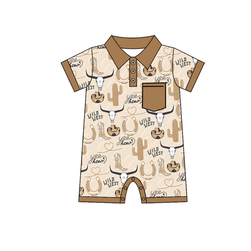 preorder SR2428 Western Wild West Cow Cactus Brown Pocket Short Sleeve Boys Romper