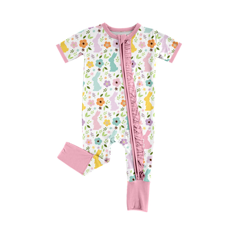 preorder SR2439 Easter Bunny Rabbit Flowers Pink Short Sleeve Zipper Girls Romper