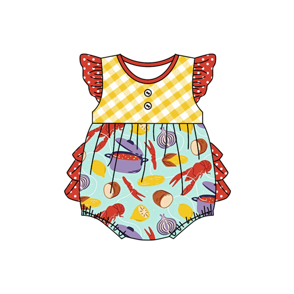 preorder SR2441 Crayfish Corn Potato Yellow Checkered Flutter Sleeve Ruffles Girls Romper