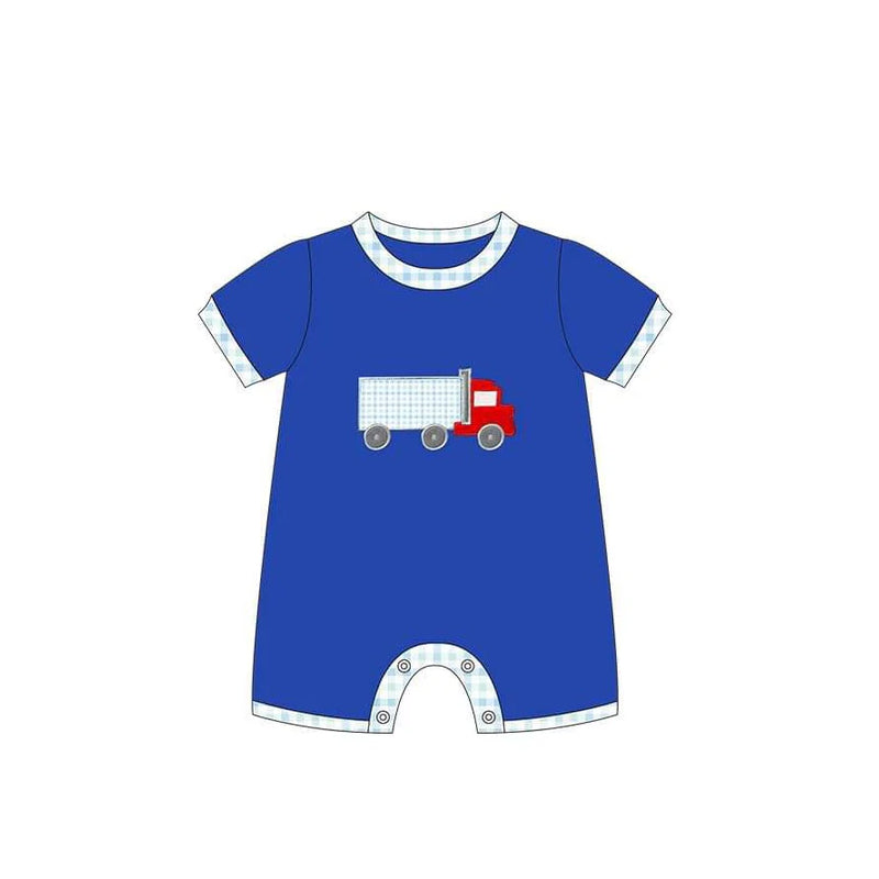 preorder SR2458 Cartoon Truck Navy Blue Short Sleeve Boys Romper