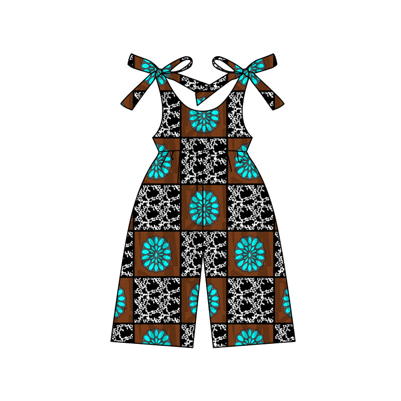preorder SR2467 turquoise Western Turquoise Cow Printing Brown Lace-up Girls Jumpsuits