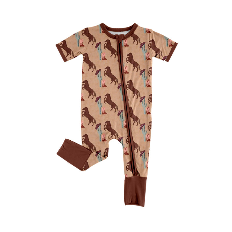 preorder SR2487 Western Rodeo Cactus Brown Short Sleeve Zipper Boys Romper