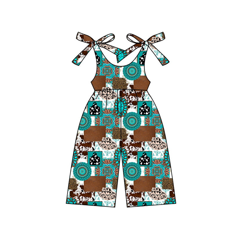 preorder SR2492 Western Cow Printing Turquoise Lace-up Girls Jumpsuits