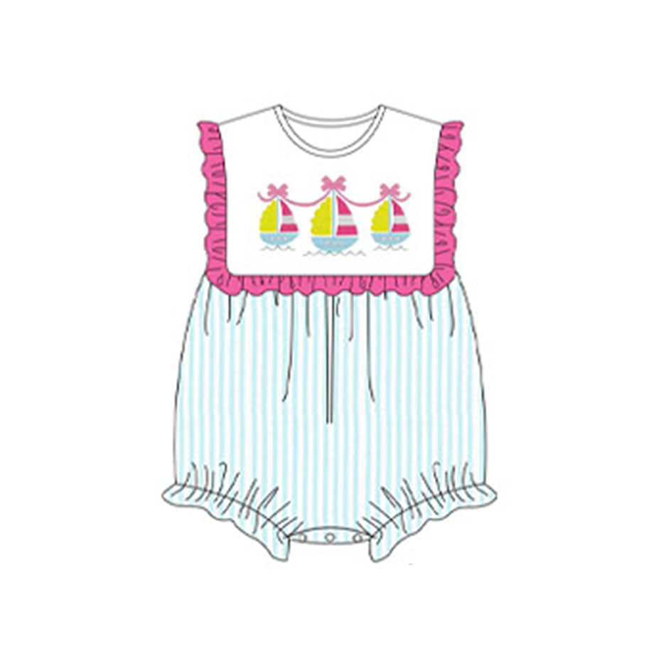 preorder SR2508 cute sailboat bows ruffles mint color striped girls romper