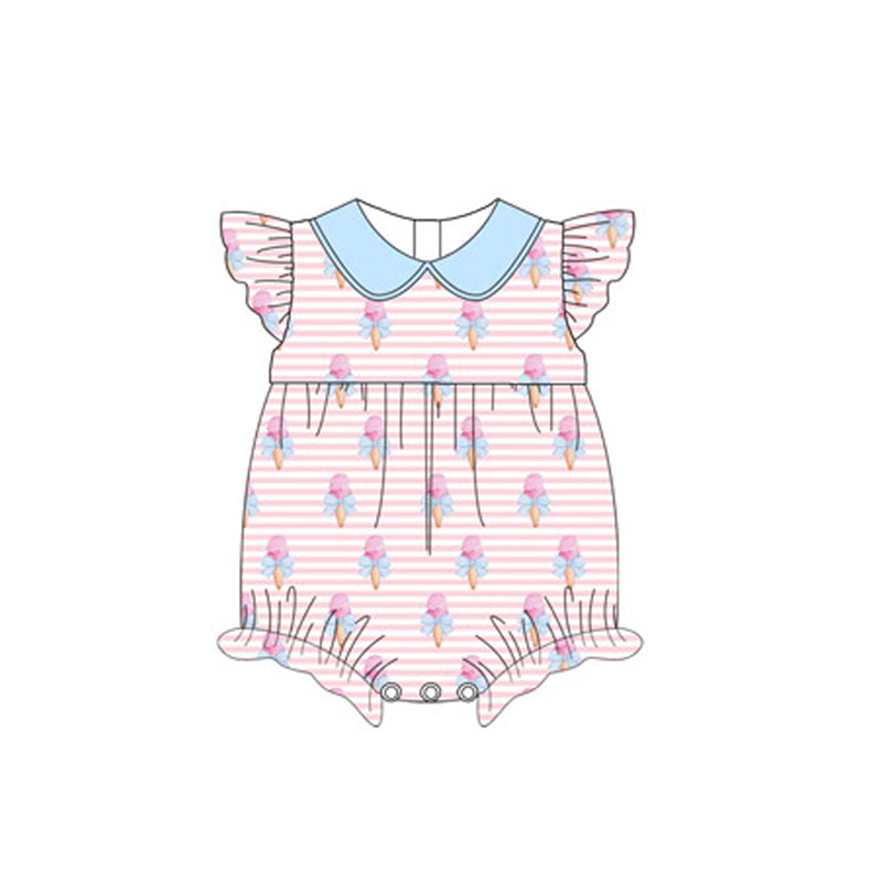 preorder SR2510 bows ice pink striped peter pan collard flutter sleeve girls romper