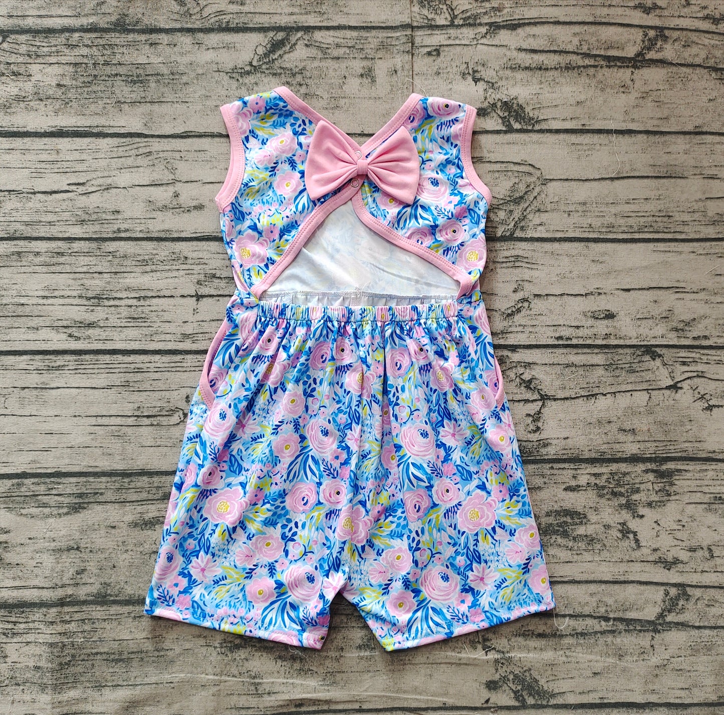 preorder SR2521 pink flowers with bow sleeveless girls jumpsuits