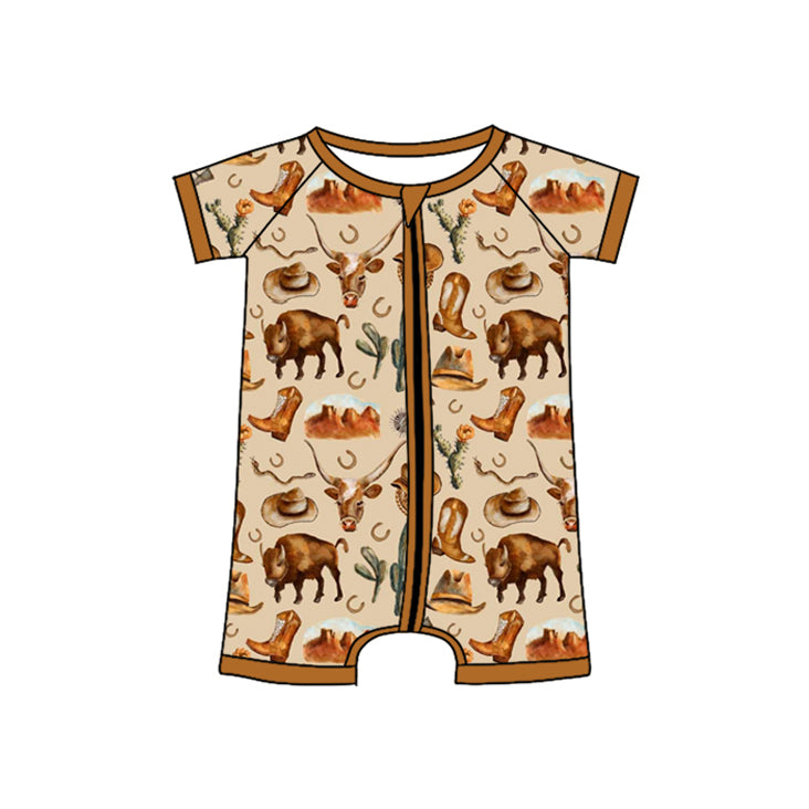 preorder SR2528 baby boy Western cow cactus boot brown short sleeve zipper boys romper