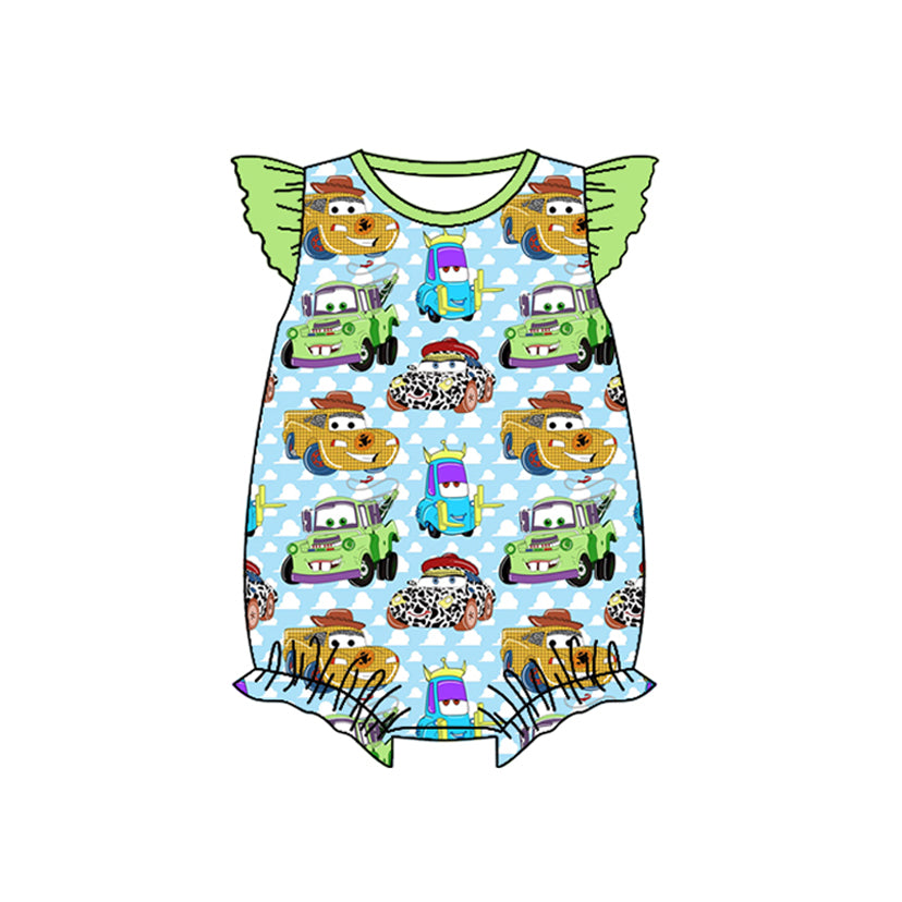 preorder SR2530 baby girl cartoon car green blue flutter sleeve romper