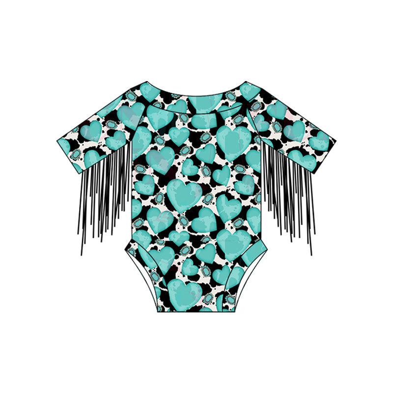 preorder SR2553 Western turquoise heart cow printing tassels girls romper