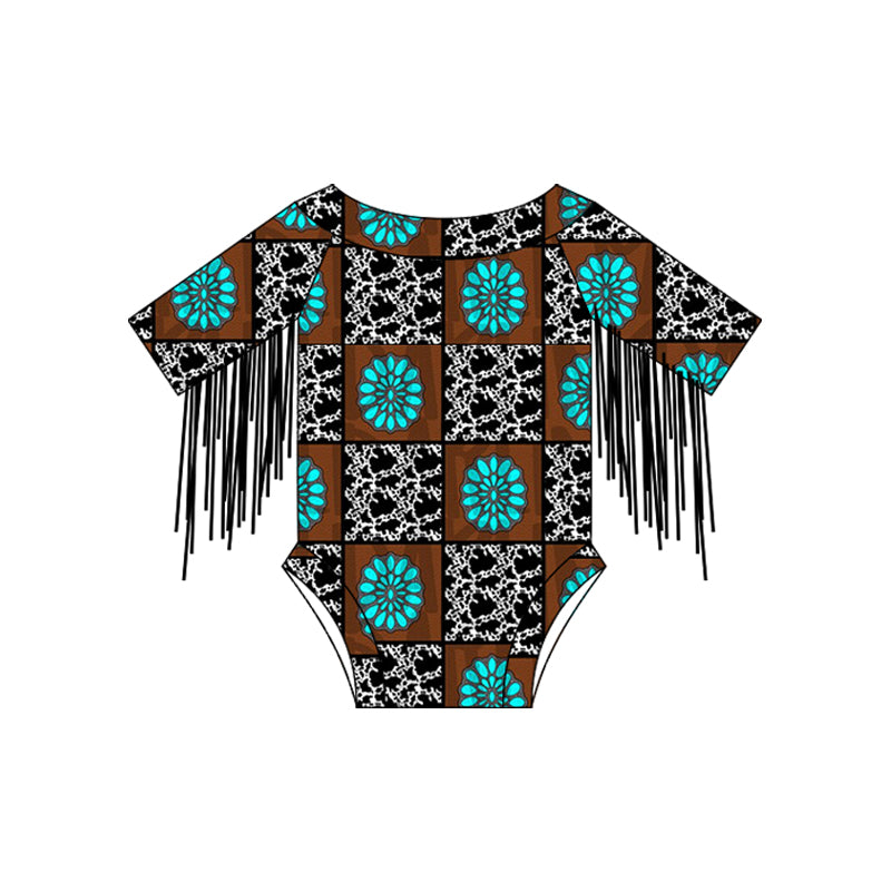 preorder SR2555 Western turquoise cow printing checkered tassels girls romper