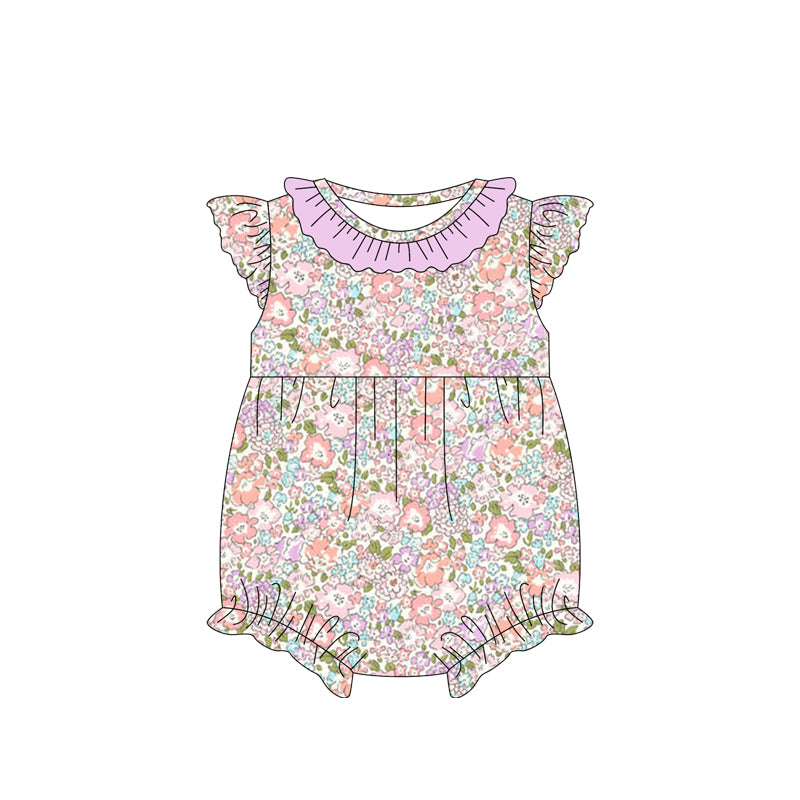 preorder SR2558 colorful flowers purple flutter sleeve girls romper