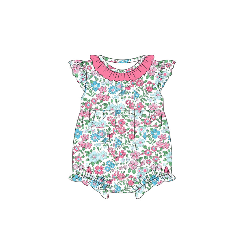preorder SR2559 colorful flowers hot pink flutter sleeve girls romper