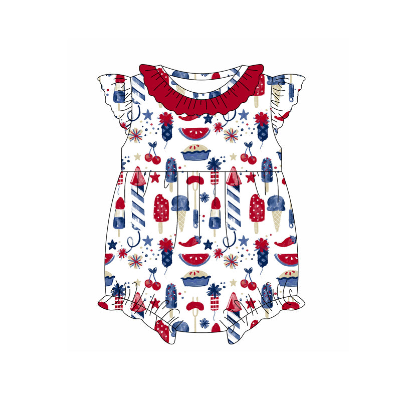 preorder SR2562 July 4th ice fireworks ruffles red flutter sleeve girls romper