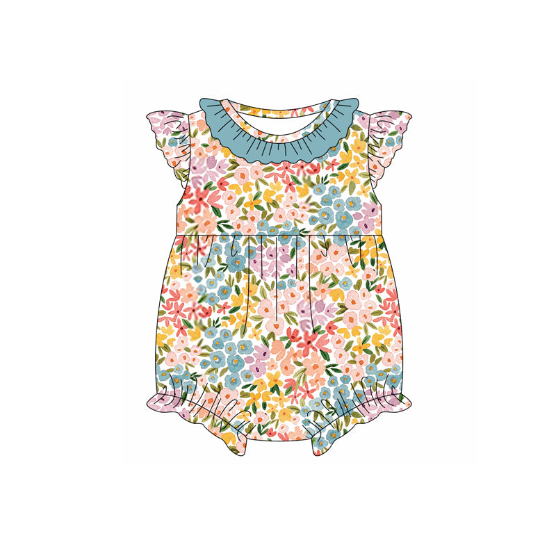 preorder SR2563 colorful flowers blue ruffles flutter sleeve girls romper