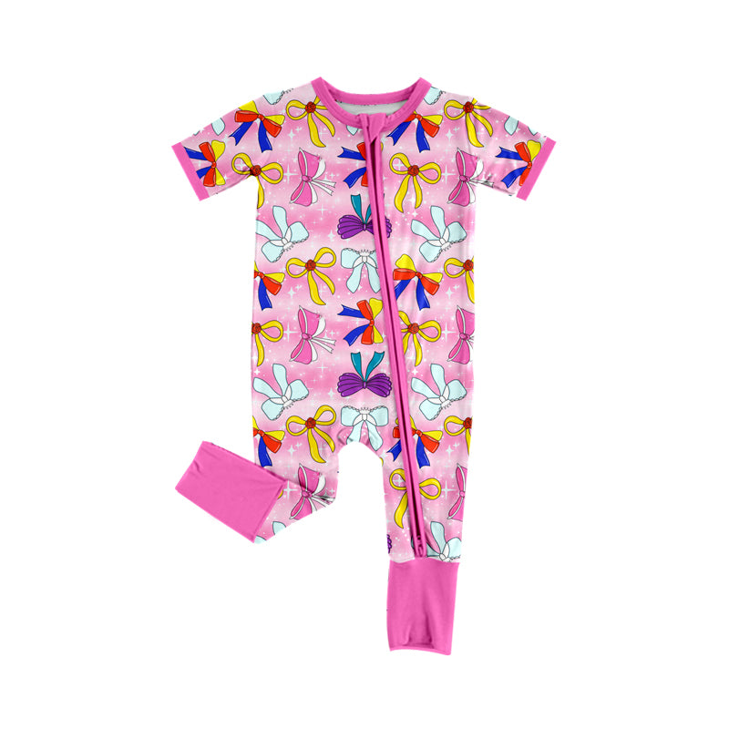 preorder SR2564 cartoon princess bows hot pink short sleeve zipper girls romper