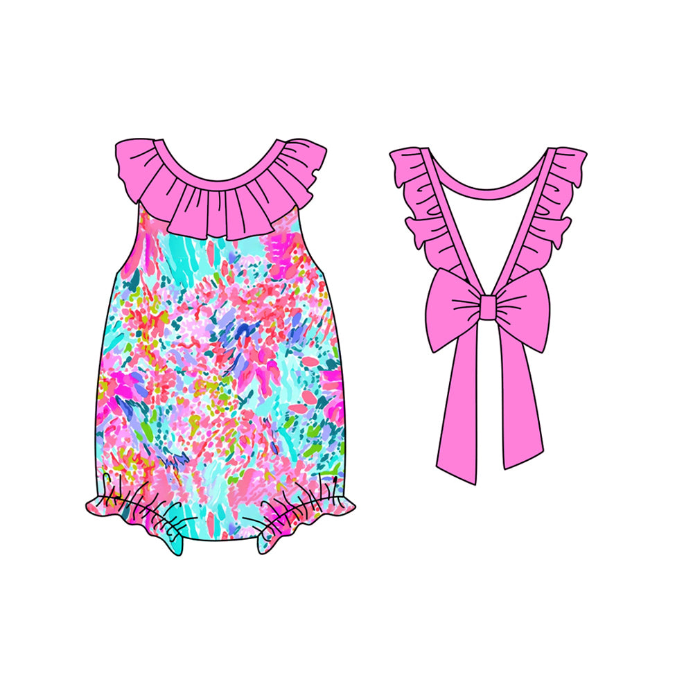 preorder SR2594 Colorful Flowers Printing Ruffles Bow Hot Pink Girls Romper