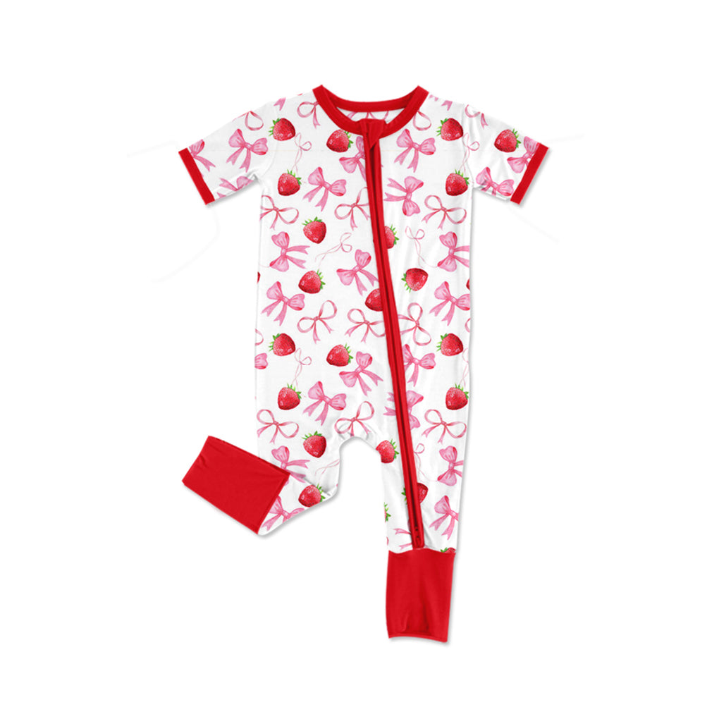 preorder SR2595 Red Strawberry bows Short Sleeve Zipper Girls Romper