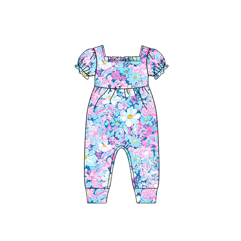 preorder SR2599 Colorful Flowers Blue Purple Short Sleeve Girls Romper
