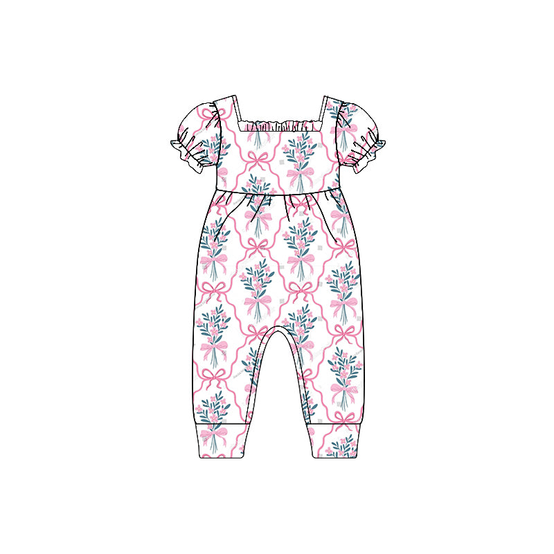 preorder SR2600 Pink Bows Flowers Short Sleeve Girls Romper