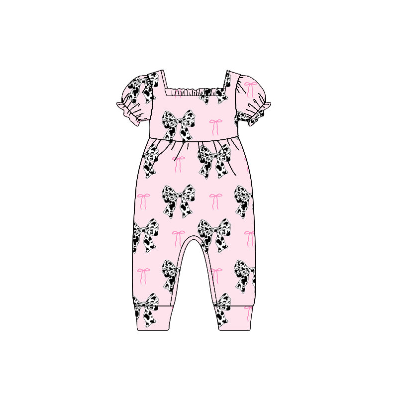 preorder SR2601 Cow Print Bows Pink Bows Short Sleeve Girls Romper