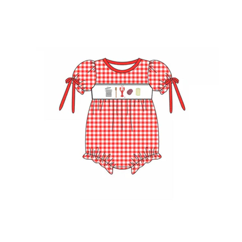 preorder SR2610 Crayfish Corn Red Checkered Short Sleeve Girls Romper
