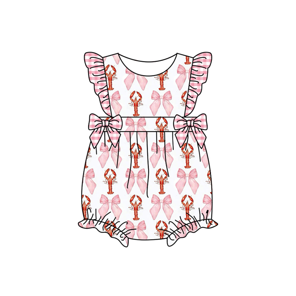 preorder SR2612 Red Crayfish Pink Bows Flutter Sleeve Girls Romper