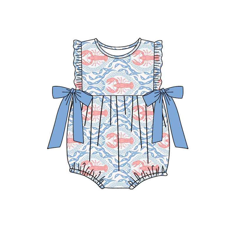 preorder SR2613 Red Crayfish Blue Bows Ruffles Sleeve Girls Romper
