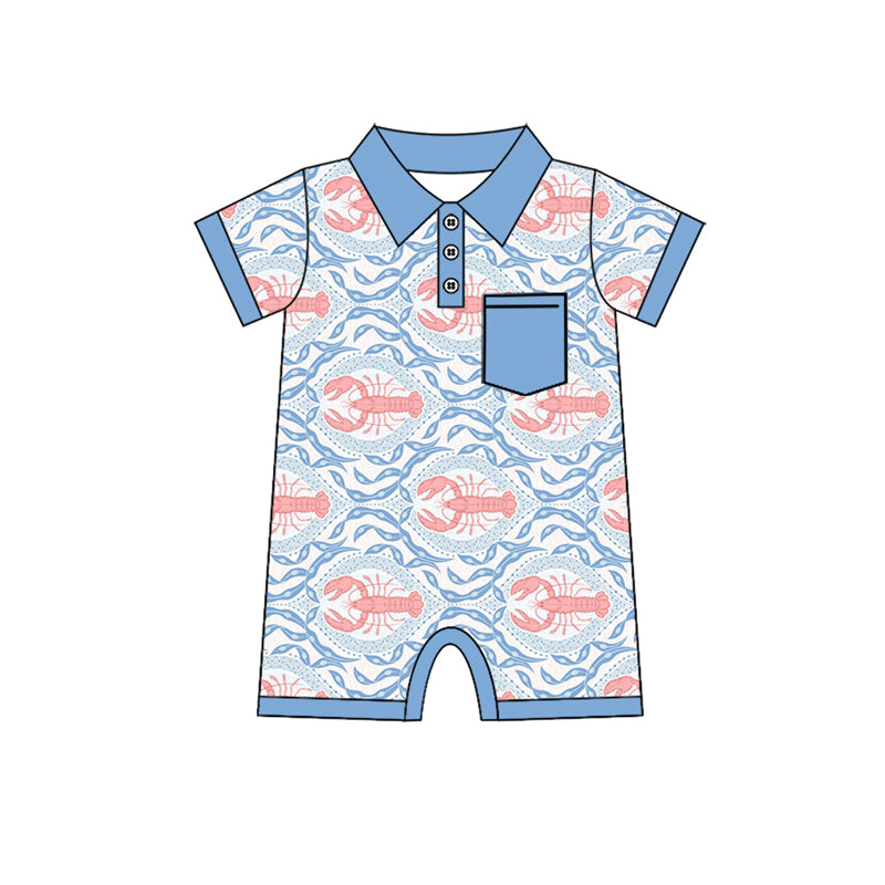 preorder SR2614 Red Crayfish Blue Pocket Short Sleeve Boys Romper