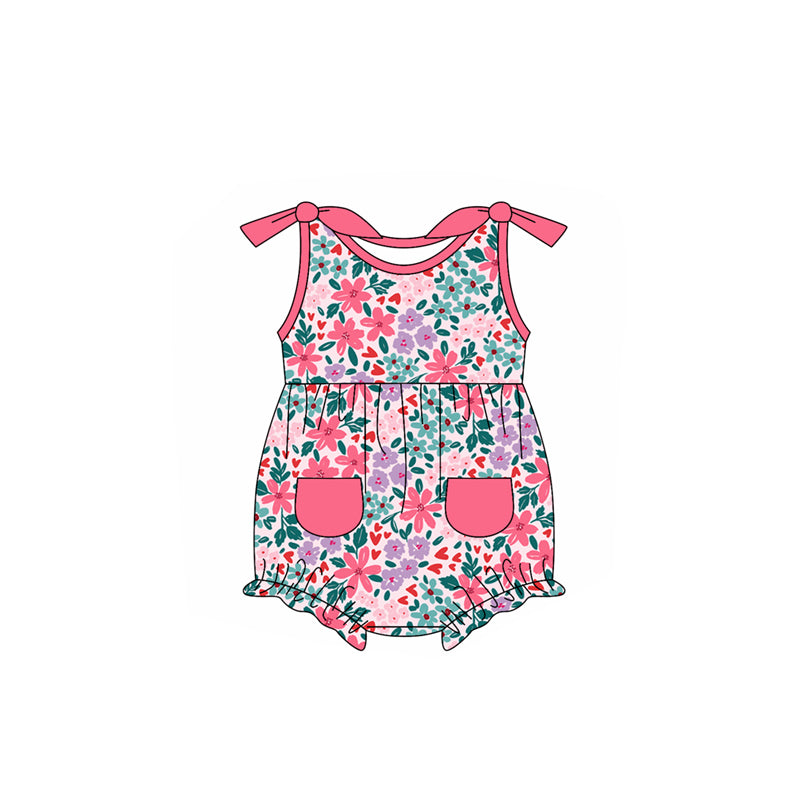 preorder SR2616 Colorful Flowers Pockets Sleeveless Pink Bows Girls Romper