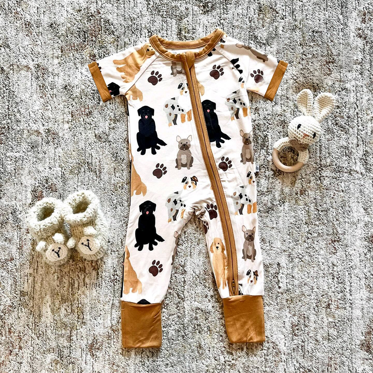 preorder SR2617 Cute Dogs Pet Brown Short Sleeve Zipper Boys Romper