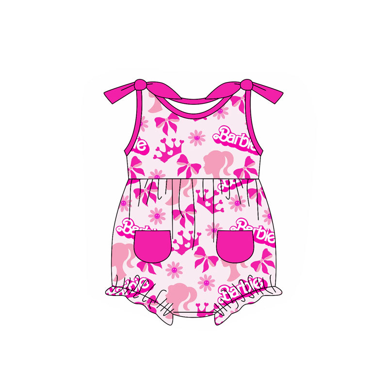 preorder SR2622 Hot Pink Cartoon BA Bows Crown Pockets Girls Romper