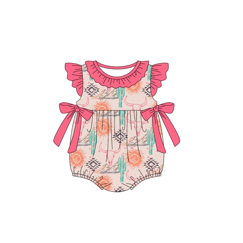 preorder SR2627 Western Cow Sun Cactus Aztec Bows PInk Flutter Sleeve Girls Romper