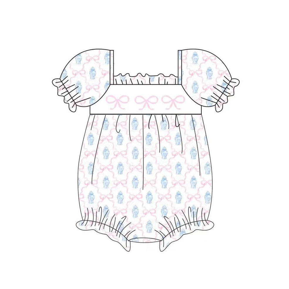 preorder SR2630 Pink Bows Blue Short Sleeve Girls Romper