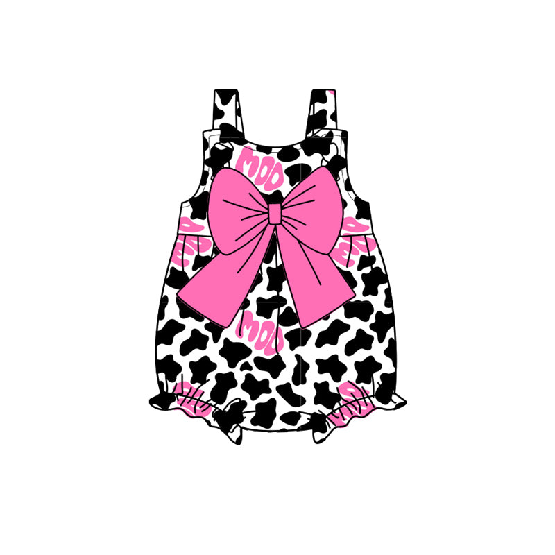 preorder SR2631 Cowgirl MOO Cow Printing With Big Bow Hot Pink Girls Romper