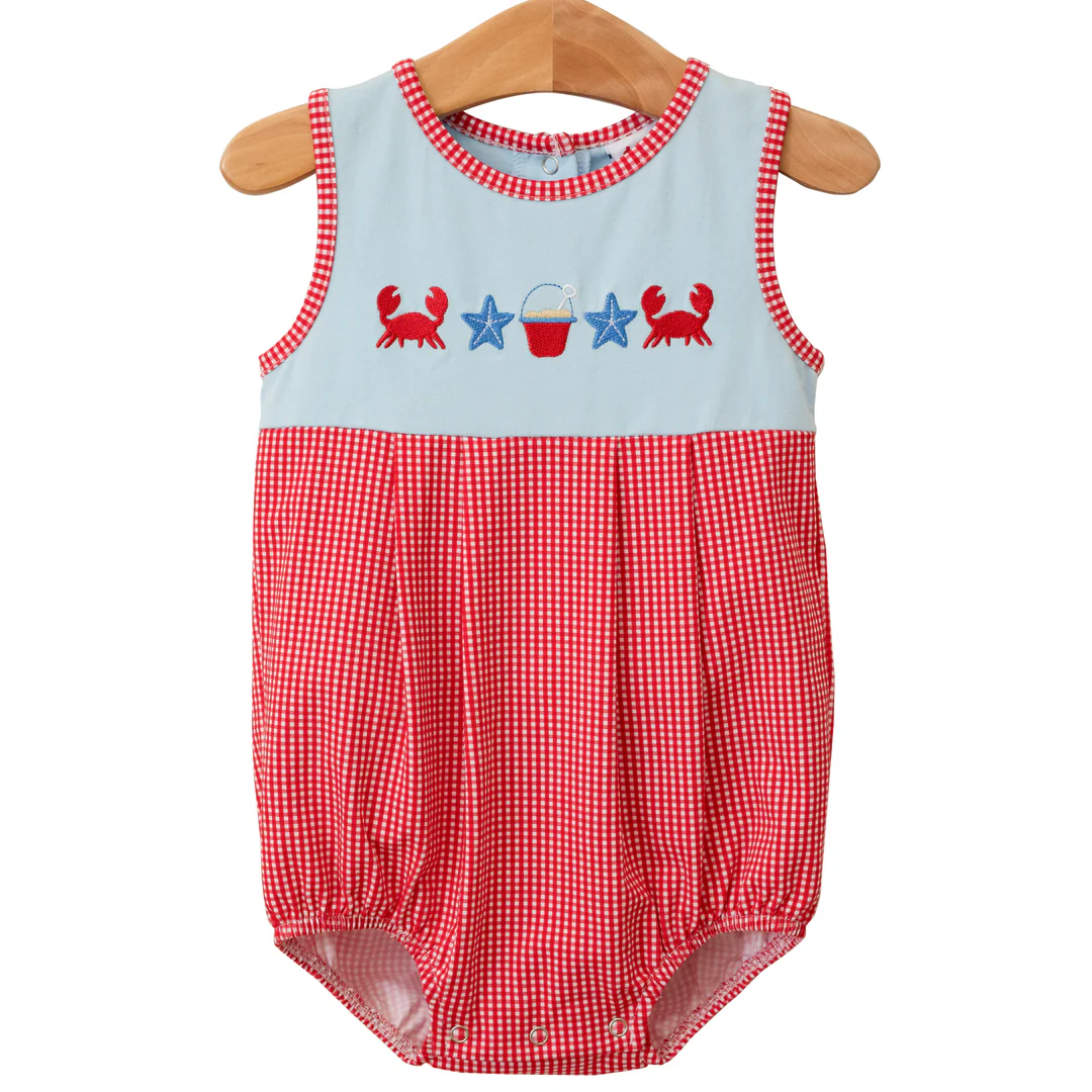 preorder SR2633 Beach Crab Starfish Blue Sleeveless Red Checkered Baby Boy Romper