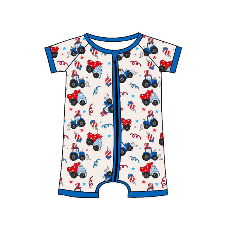 preorder SR2642 July 4th Construction Truck Blue Short Sleeve Zipper Boys Romper