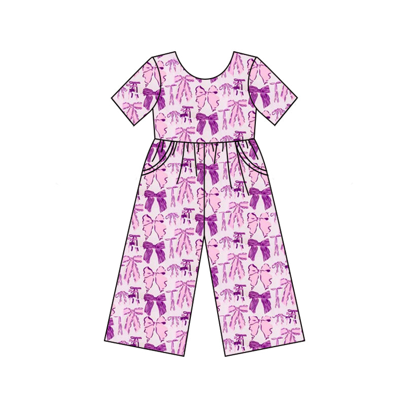 preorder SR2643 pink purple bows short sleeve girls jumpsuits