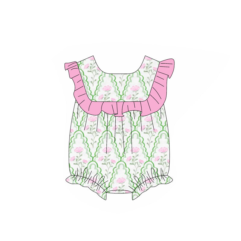 preorder SR2655 pink flowers ruffles sleeve green girls romper