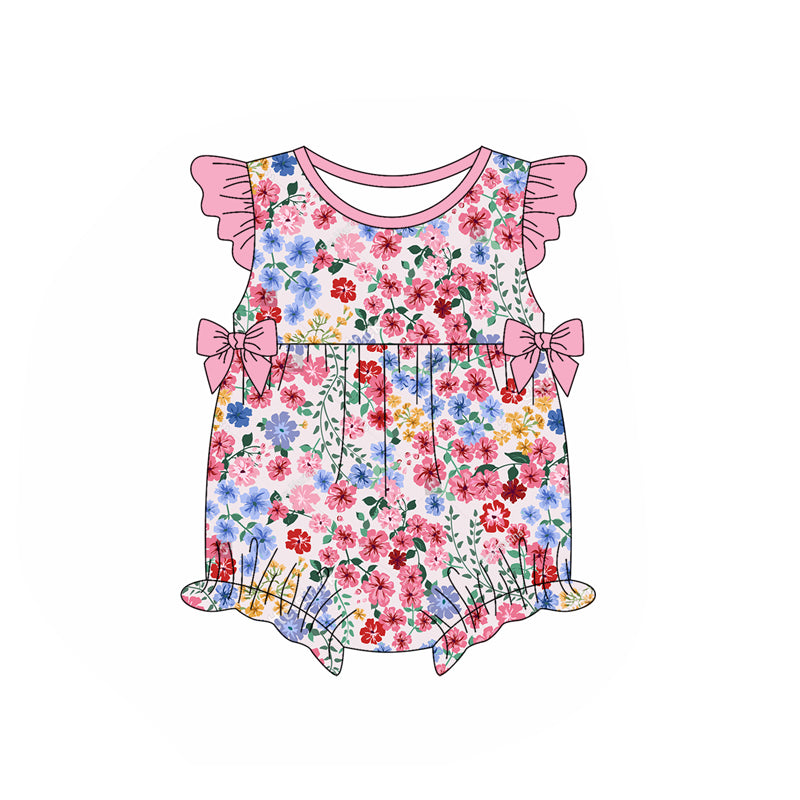 preorder SR2658 colorful flowers pink bows flutter sleeve girls floral romper