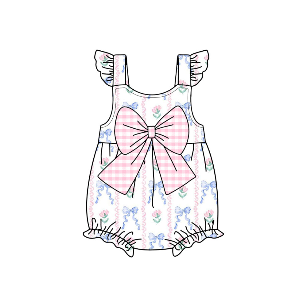 preorder SR2661 pink flowers blue bows with pink bow flutter sleeve girls romper