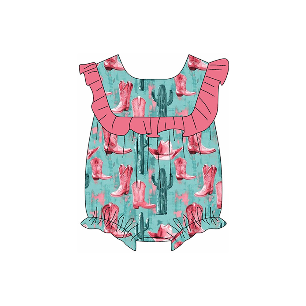 preorder SR2667 Western cactus boot pink ruffles blue girls romper