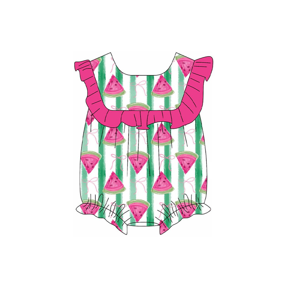 preorder SR2668 watermelon green striped hot pink ruffles sleeve girls romper