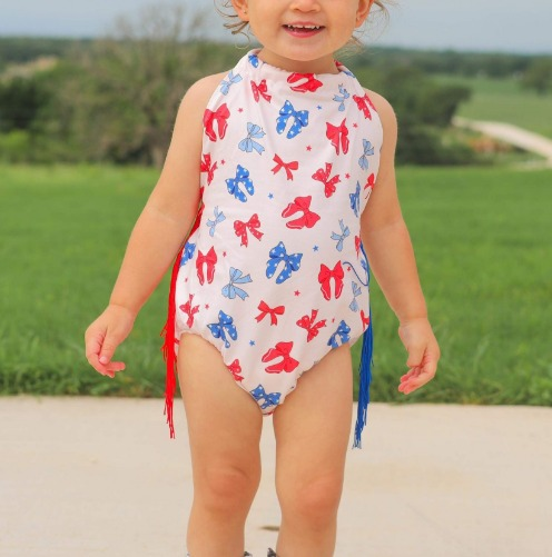 preorder SR2675 July 4th red blue bows tassels girls baby romper