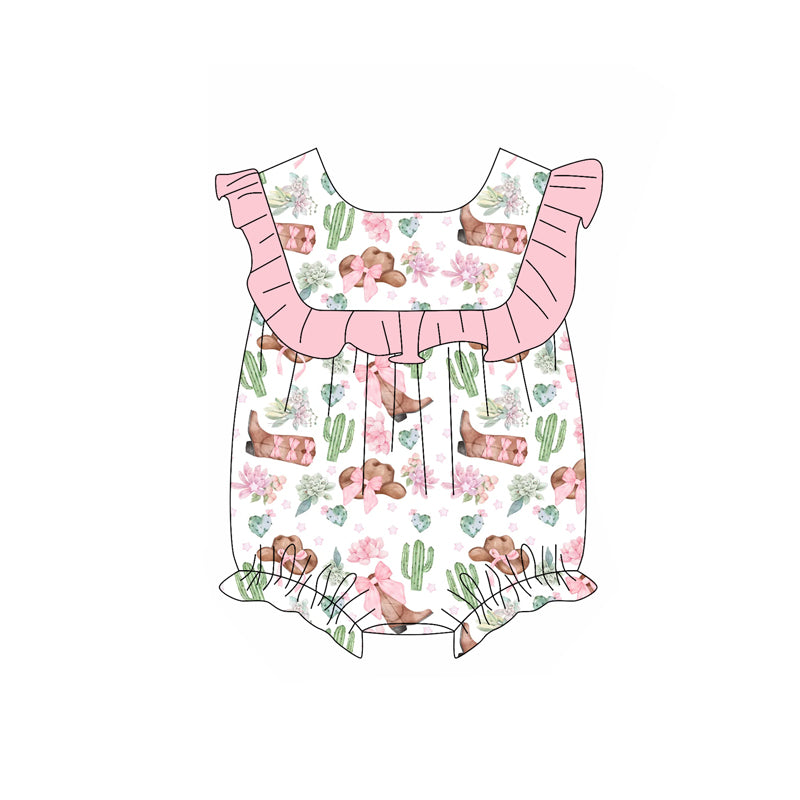 preorder SR2679 Western cactus boot pink flowers bows ruffles sleeve girls romper