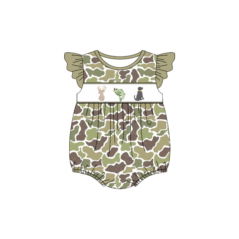 preorder SR2686 hunting deer fishing dog green camo flutter sleeve girls romper