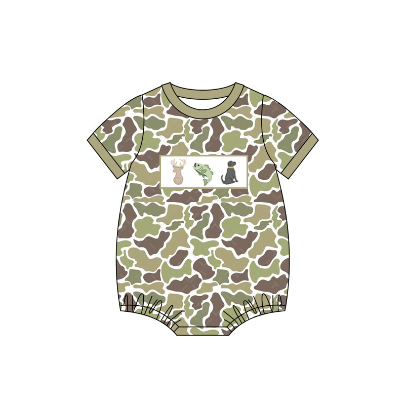 preorder SR2687 hunting deer fishing dog green camo short sleeve boys romper