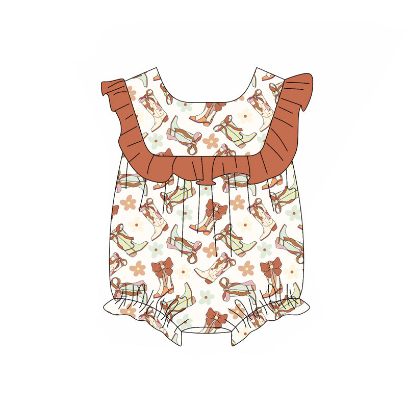 preorder GSSO2108 Western boots bows flowers orange ruffles sleeve girls romper