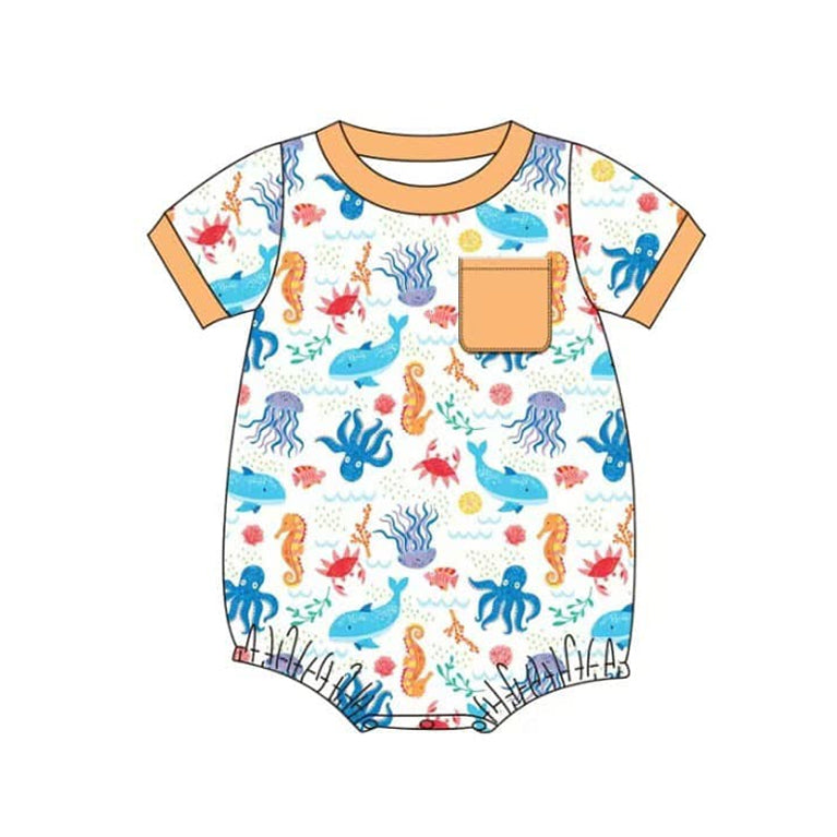 preorder SR2718 seahorse outopus orange pocket boys romper